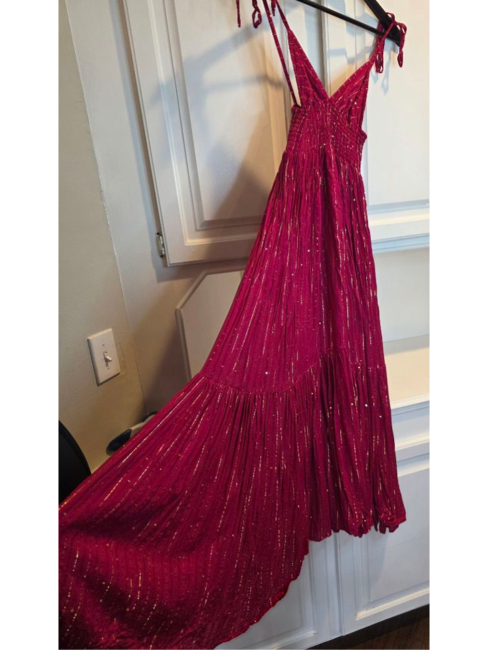 Sundress XS Red Gold Sequin Tie Strap Boho Resort Maxi Dress - Picture 4 of 11